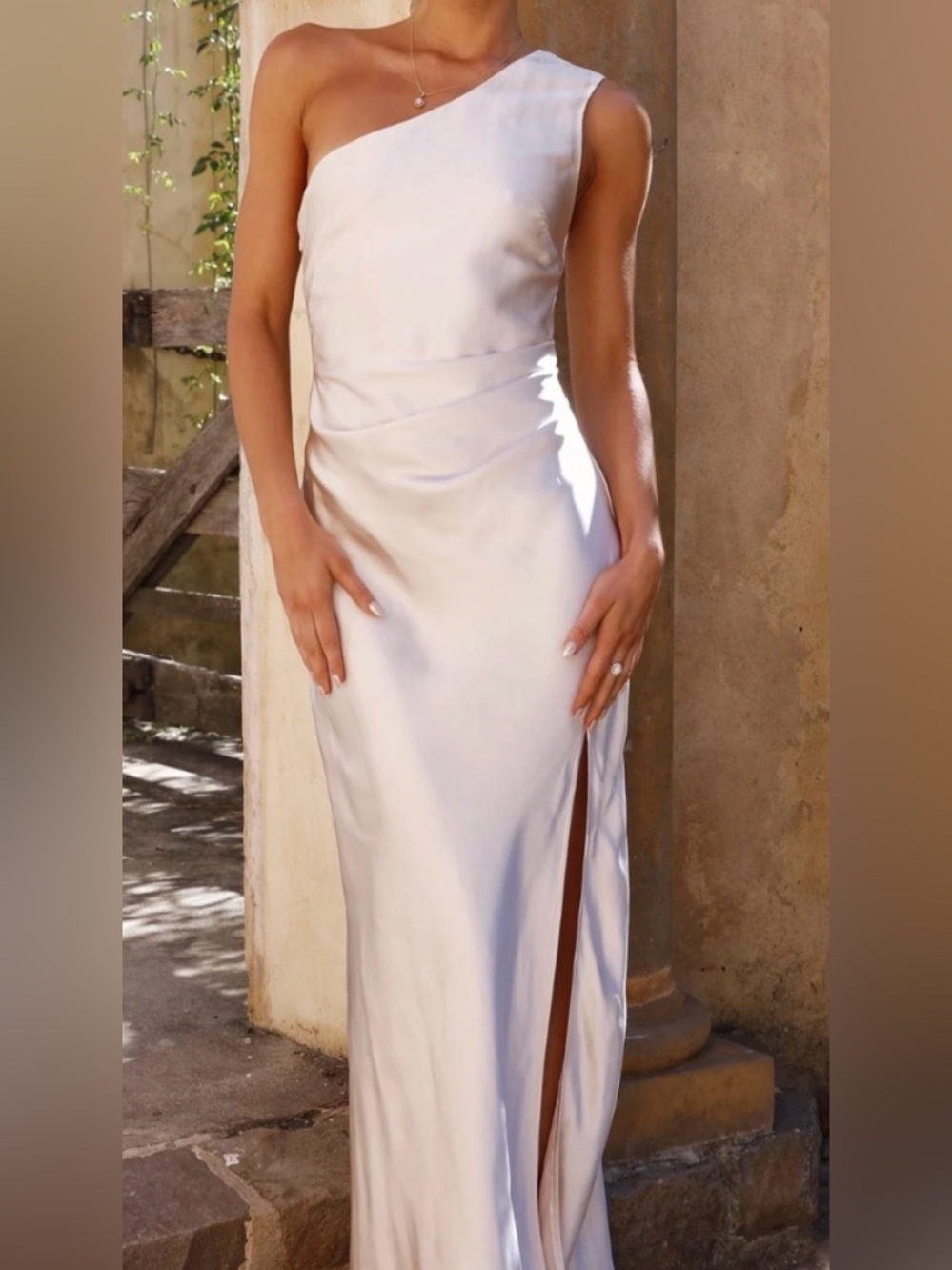 Billy J. Victoria Champagne Satin One Shoulder Maxi Dress Gown Wedding Party NWT